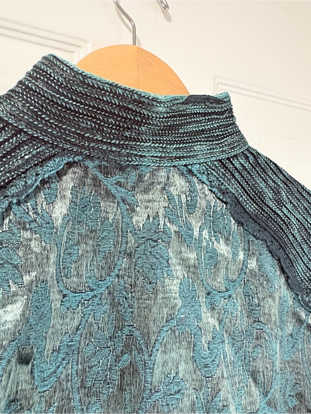 Vintage-Inspired Teal Brocade Jacket with Mandarin Collar Size XL - Picture 10 of 16